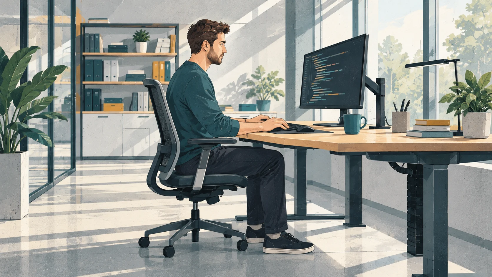 Программист работает за столом с отдельным монитором и клавиатурой в светлом офисе