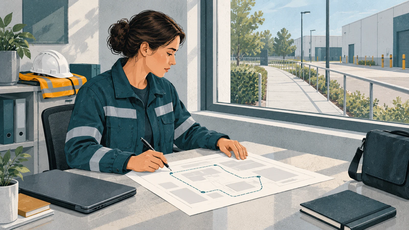 Специалист по охране труда за столом изучает схему маршрута; рядом лежат каска и сигнальный жилет, за окном виден ограждённый пешеходный путь