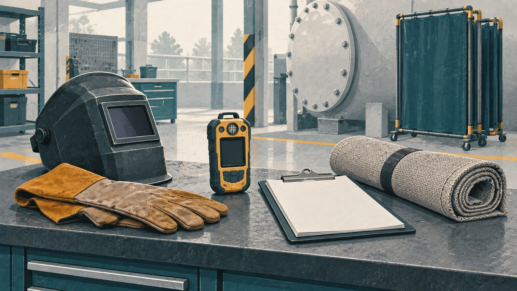 Сварочная маска, защитные краги, газоанализатор и планшет для подготовки к огневым и газоопасным работам